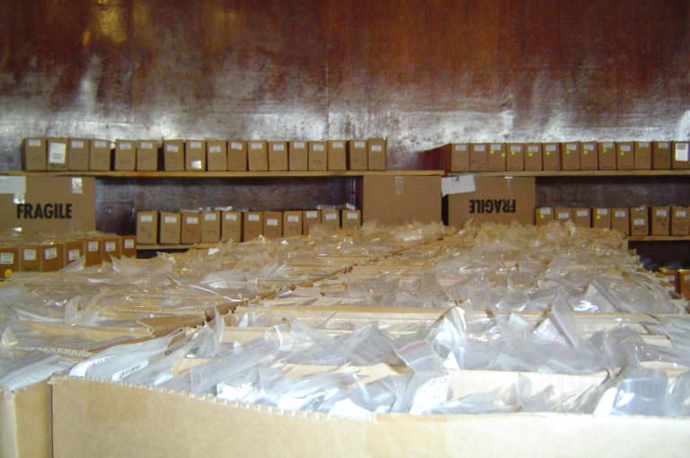 Boxes of donated glasses at the eye clinic.