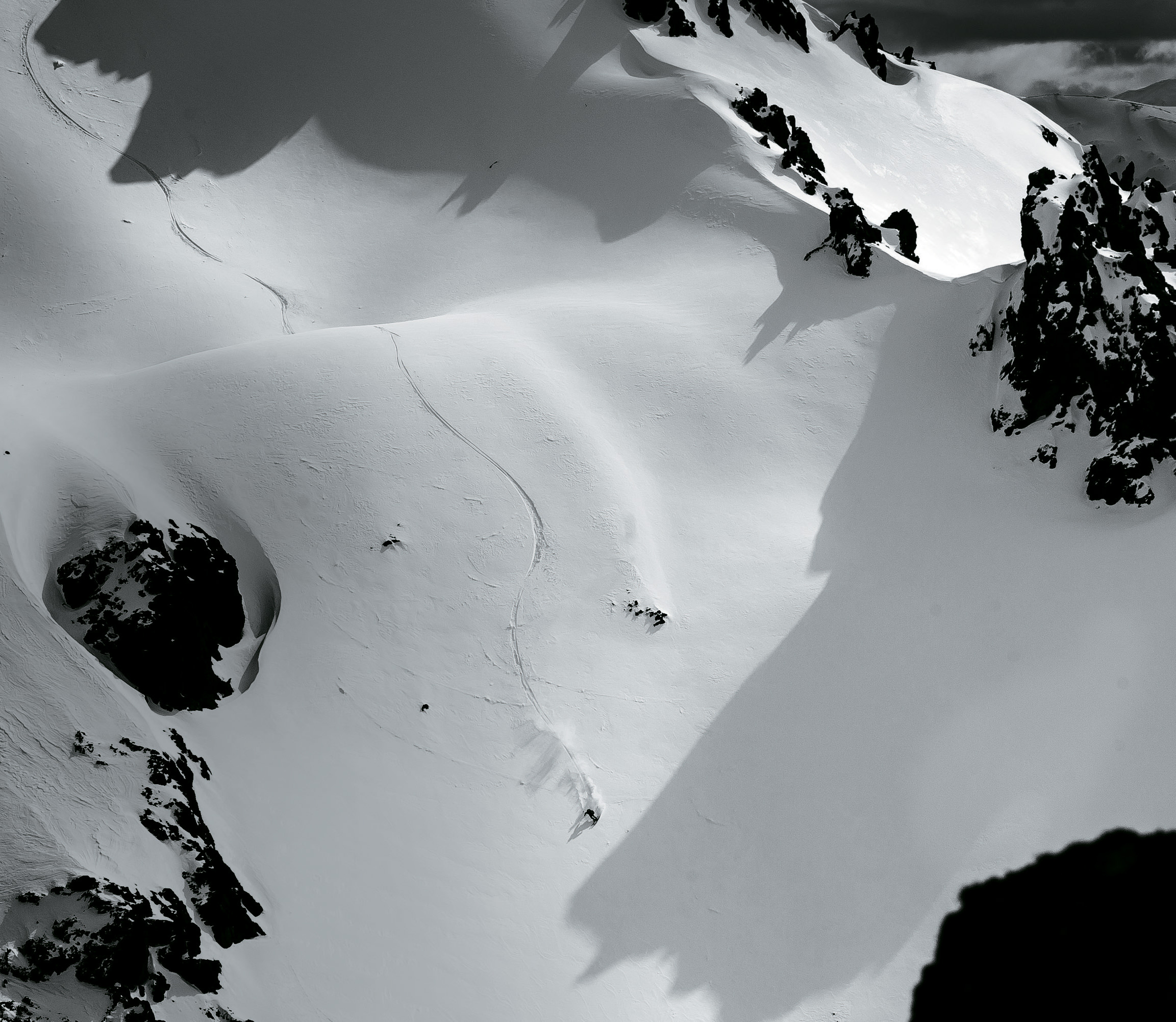 Aerial view of skier on mountain.